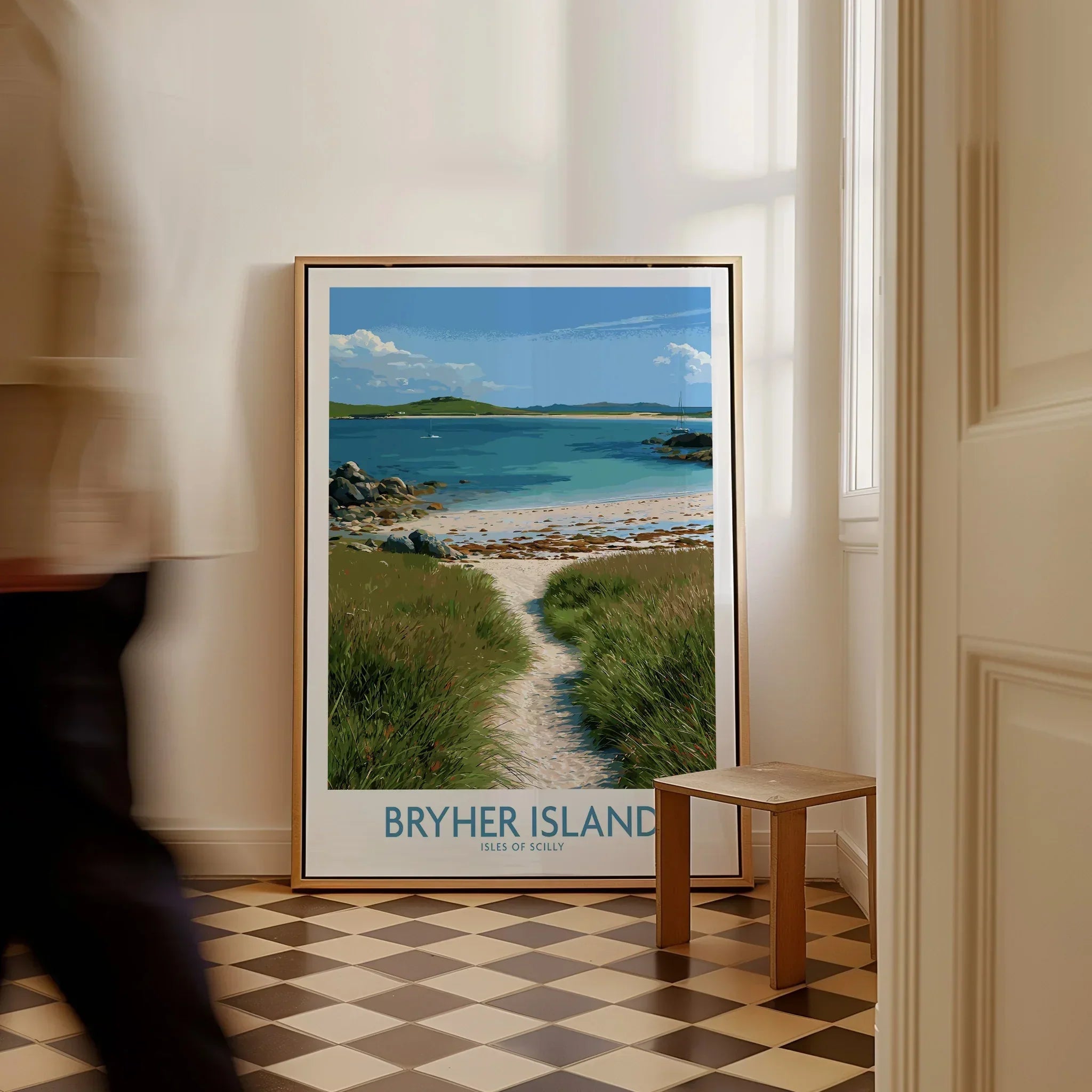 Bryher Isles of Scilly Sailboats Wall Art — framed canvas on floor man walking past