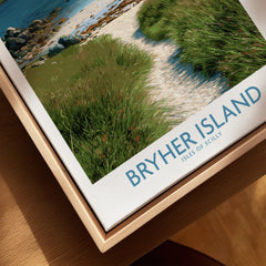 Bryher Isles of Scilly Sailboats Wall Art — closeup framed canvas natural wood floating frame