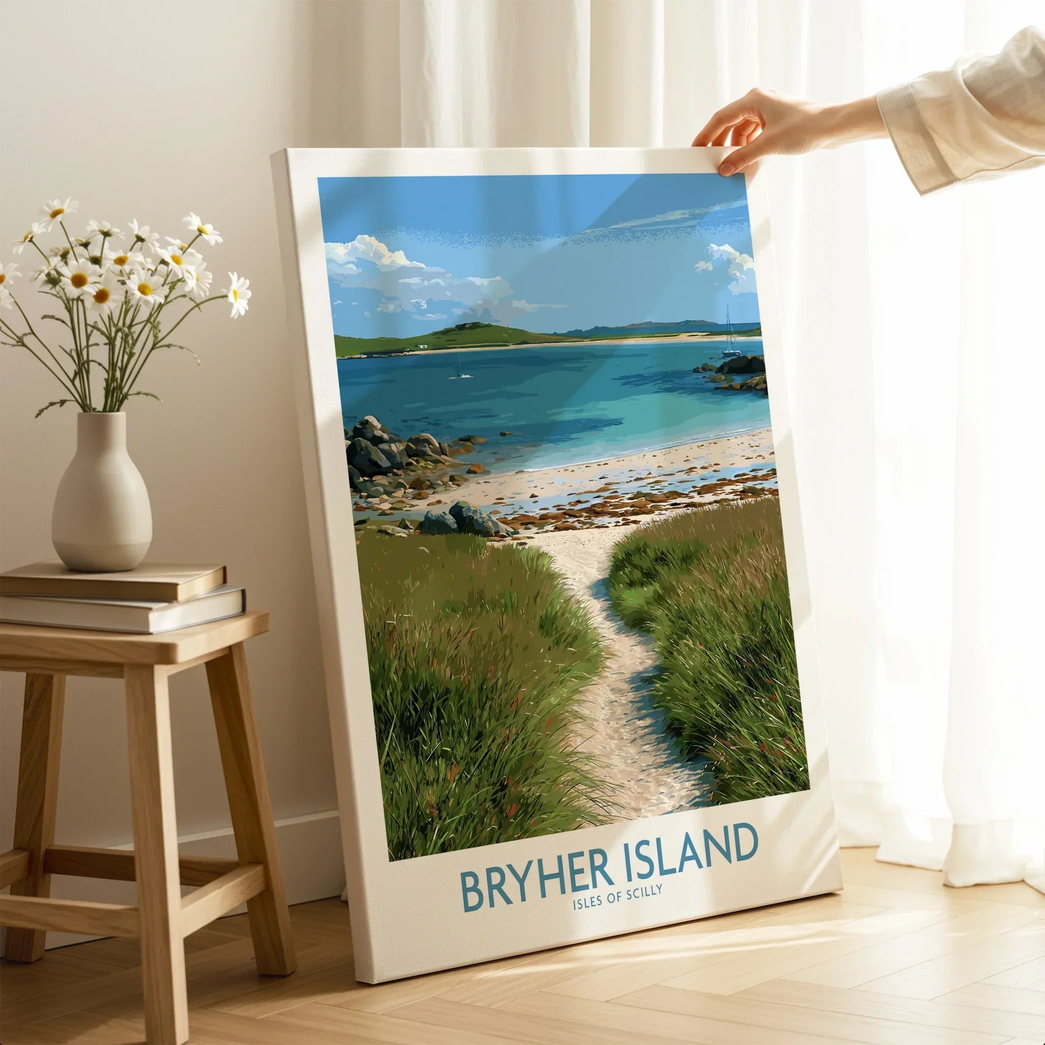 Bryher Isles of Scilly Sailboats Wall Art — canvas print mirror edge hand holding room setting
