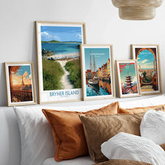 Bryher Isles of Scilly Sailboats Wall Art — set five framed artprints above bed natural wood frames