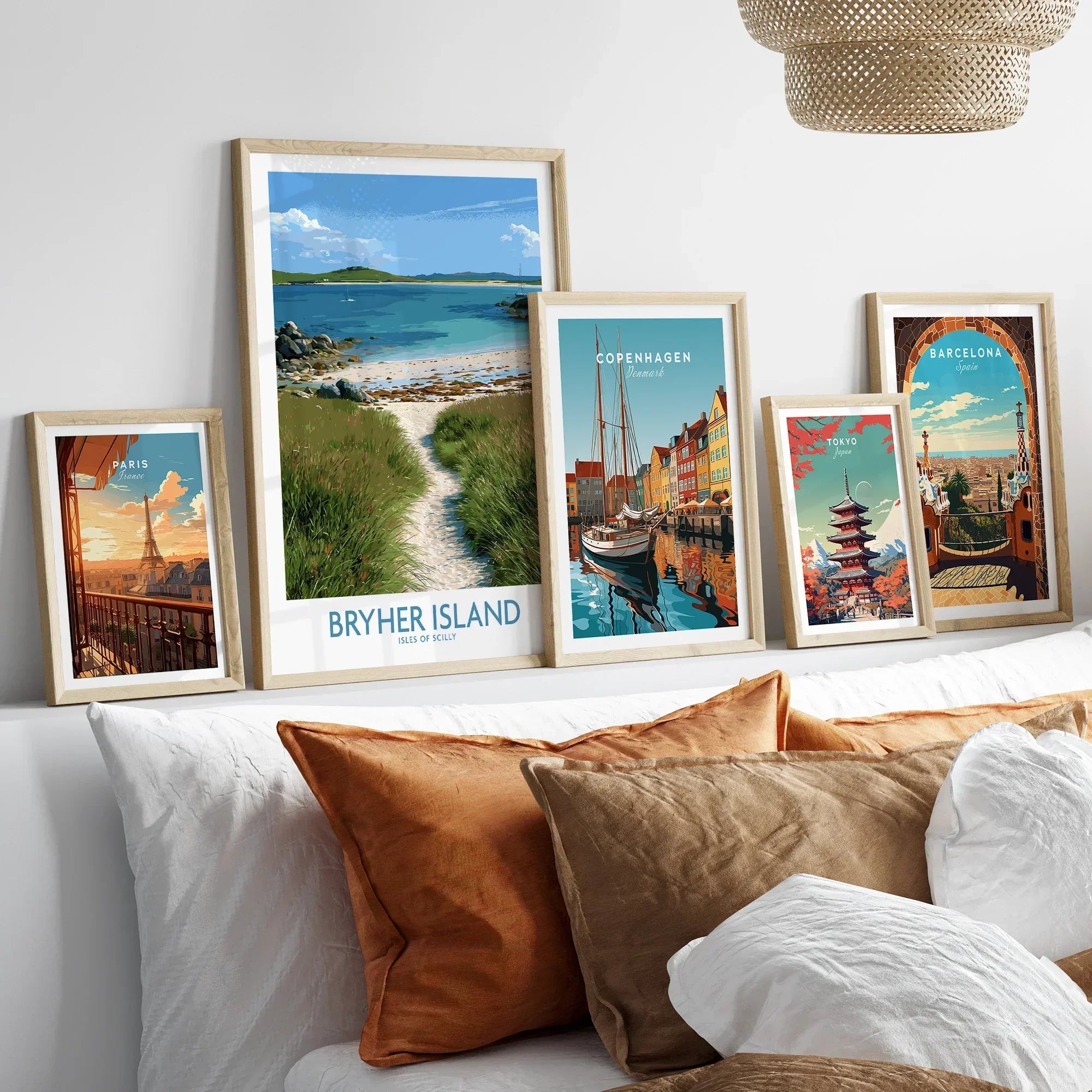 Bryher Isles of Scilly Sailboats Wall Art — set five framed artprints above bed natural wood frames