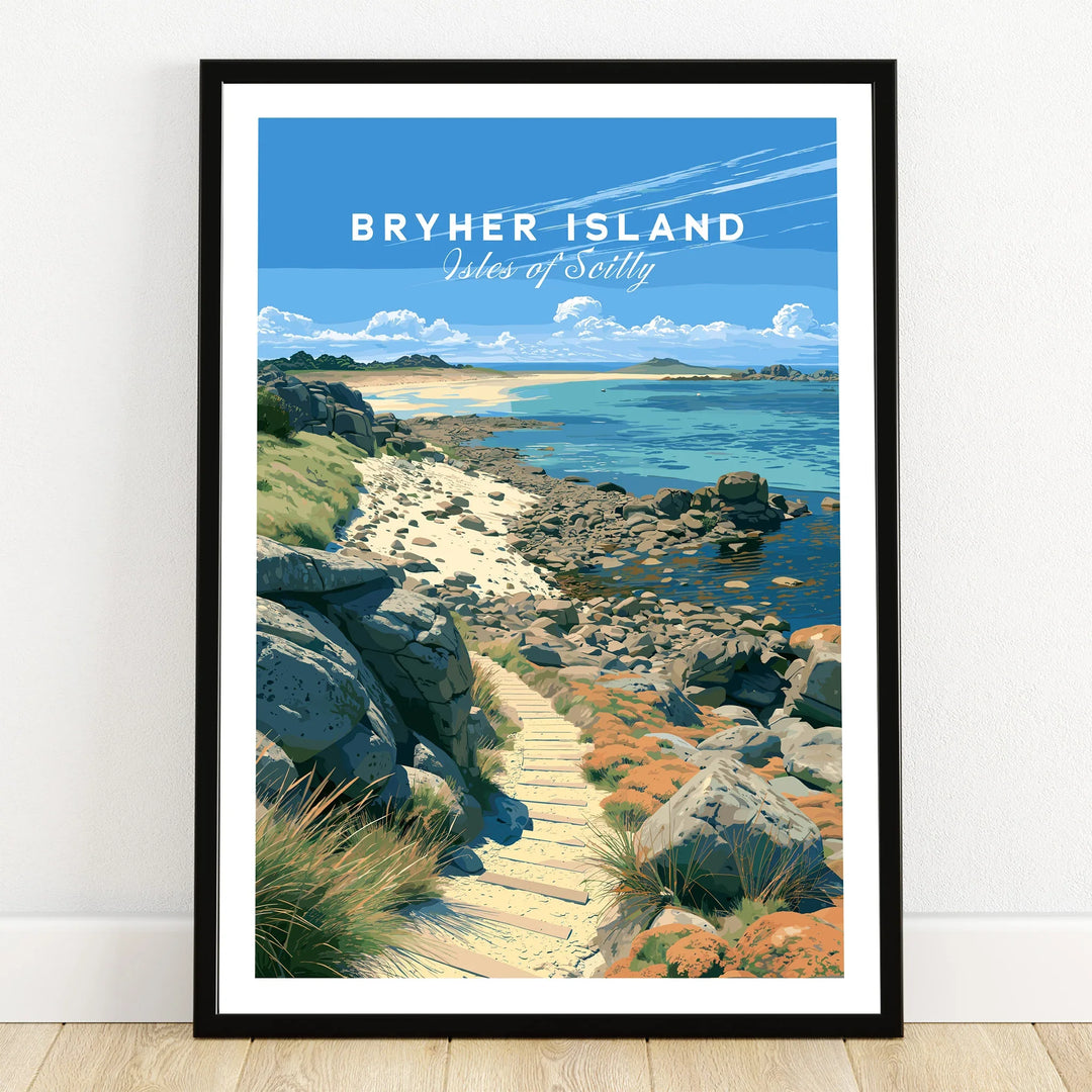 Bryher Isles of Scilly Rocky Shore Travel Poster — art print in black frame on wooden floor