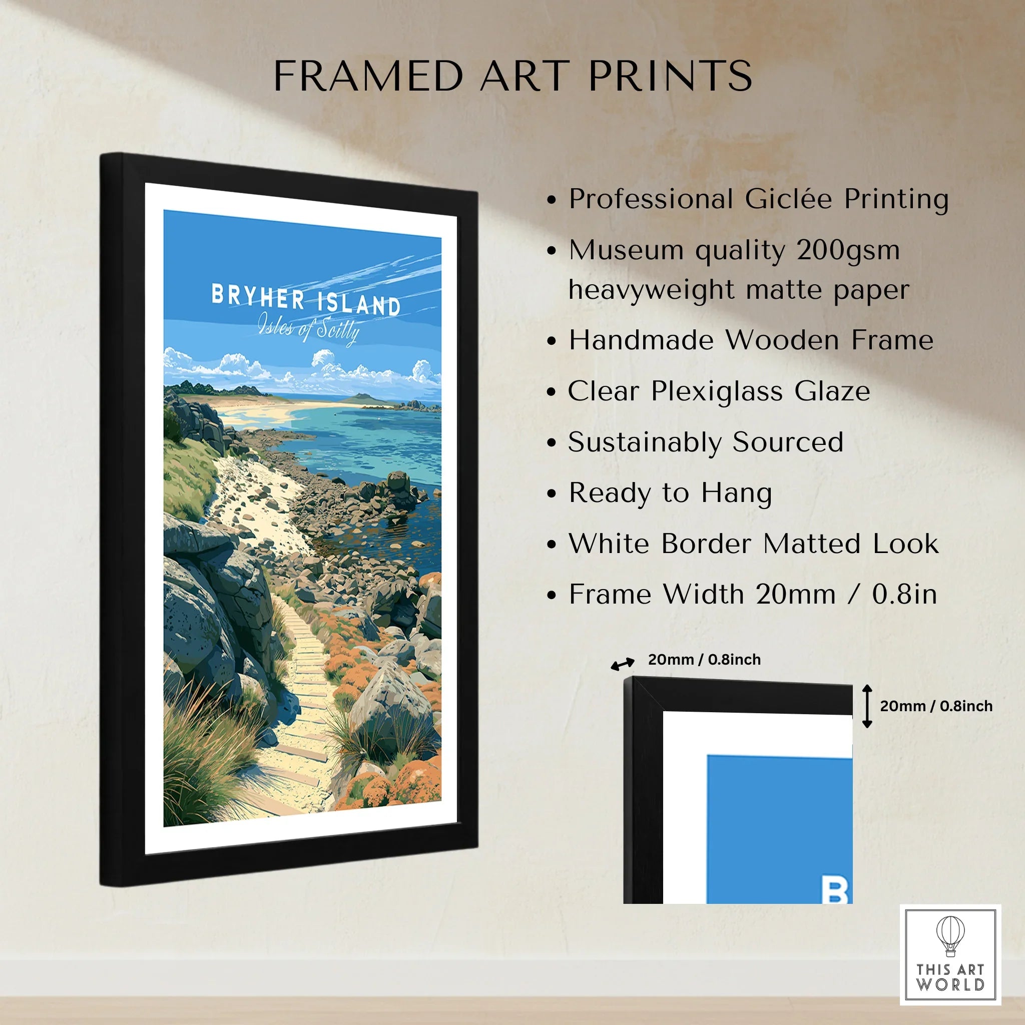 Bryher Isles of Scilly Rocky Shore Travel Poster — framed print details measurements quality details