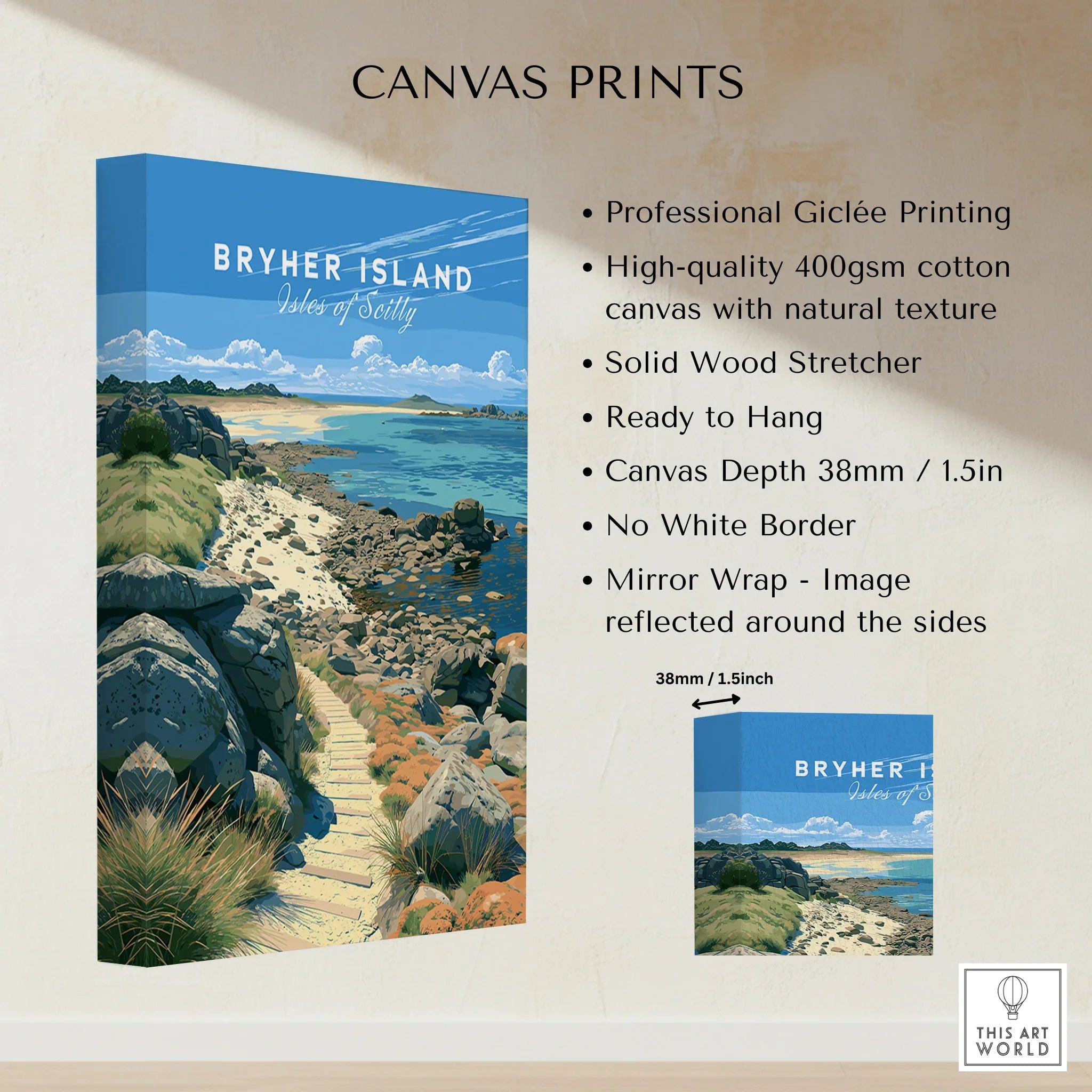 Bryher Isles of Scilly Rocky Shore Travel Poster — canvas print stretched cotton canvas details