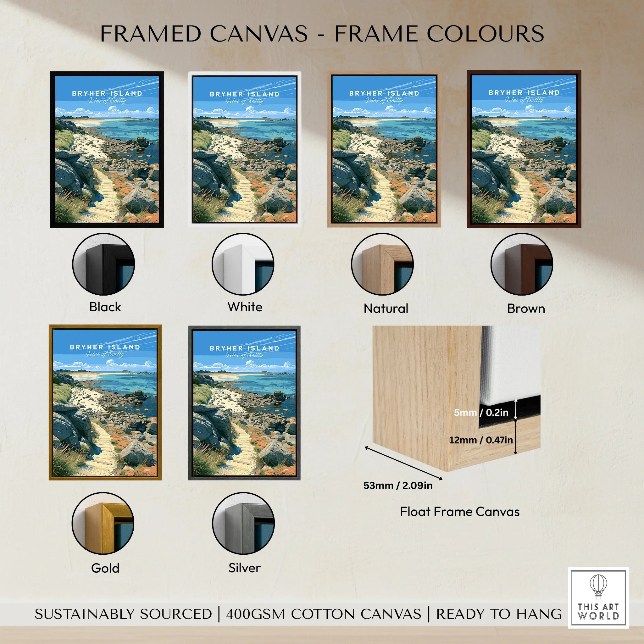 Bryher Isles of Scilly Rocky Shore Travel Poster — framed canvas float frame colour options