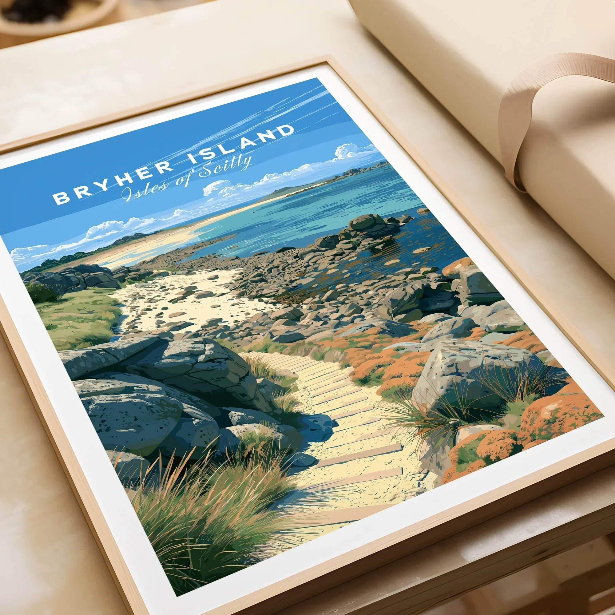 Bryher Isles of Scilly Rocky Shore Travel Poster — framed art print closeup gift unwrapped natural frame