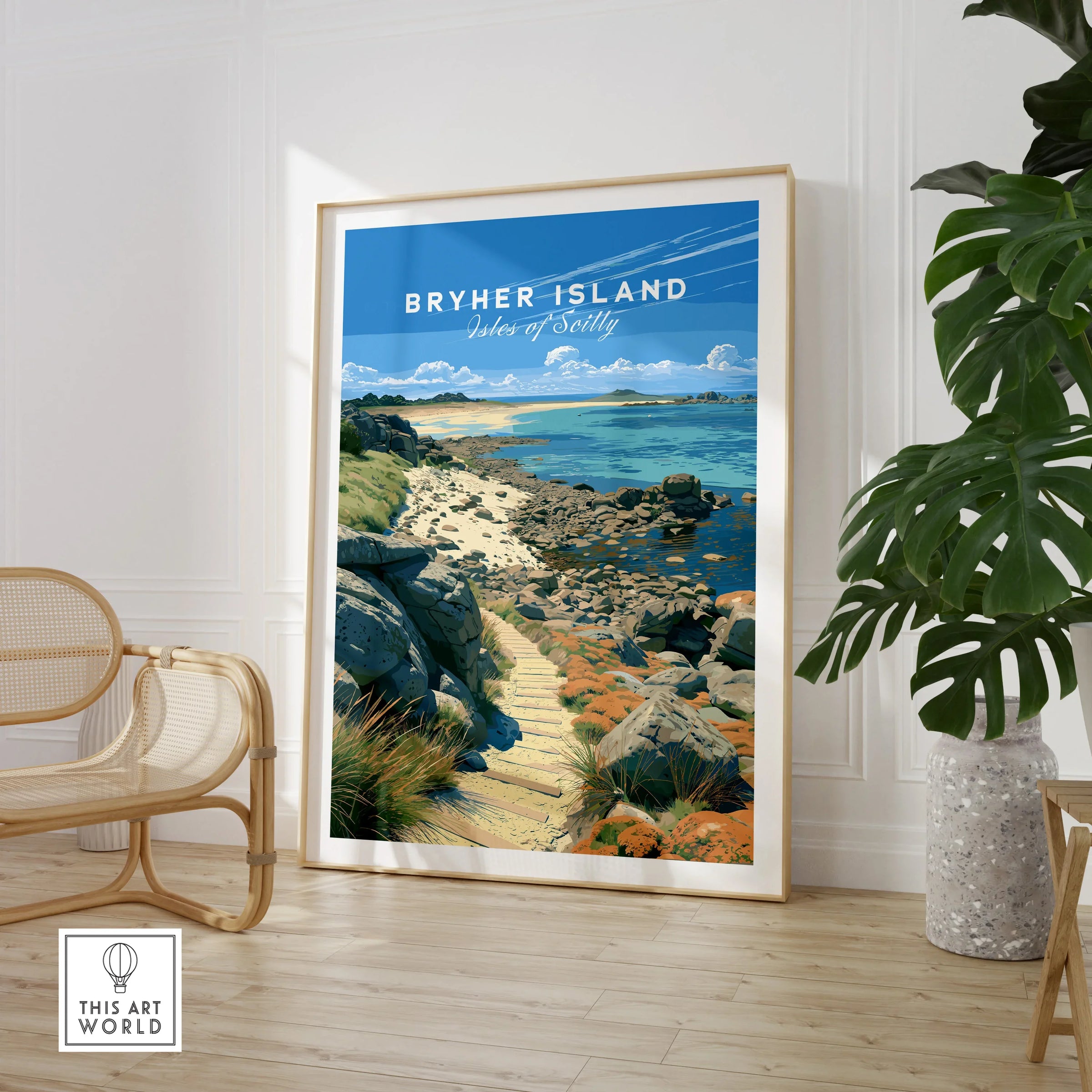 Bryher Isles of Scilly Rocky Shore Travel Poster — large framed print room setting chair plant