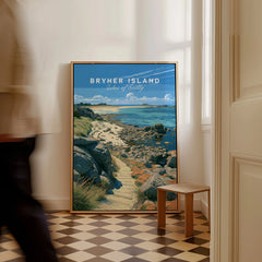 Bryher Isles of Scilly Rocky Shore Travel Poster — framed canvas on floor man walking past
