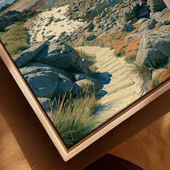 Bryher Isles of Scilly Rocky Shore Travel Poster — closeup framed canvas natural wood floating frame