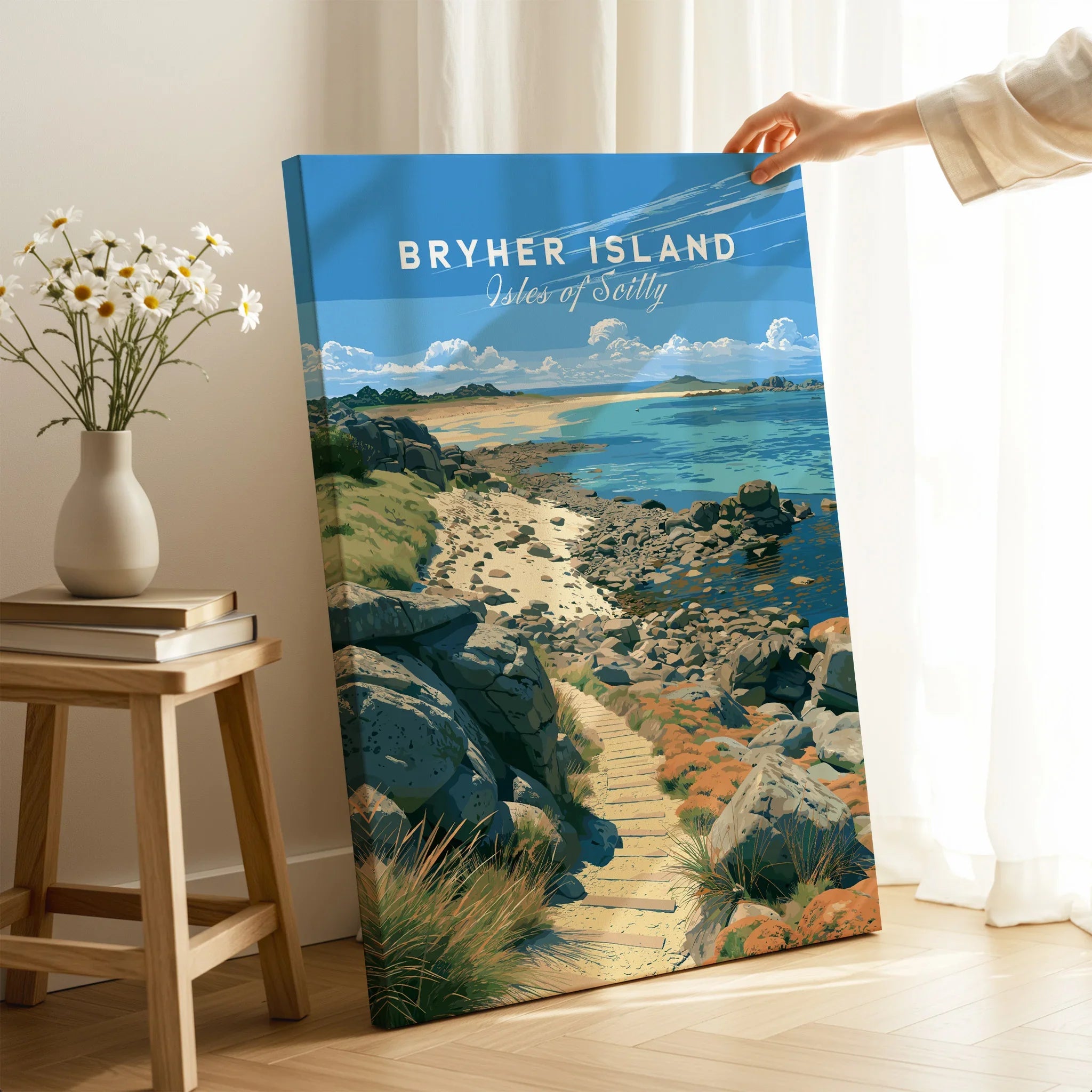 Bryher Isles of Scilly Rocky Shore Travel Poster — canvas print mirror edge hand holding room setting