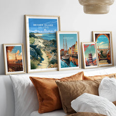 Bryher Isles of Scilly Rocky Shore Travel Poster — set five framed artprints above bed natural wood frames