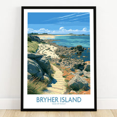 Bryher Isles of Scilly Boulder Beach Wall Art — art print in black frame on wooden floor