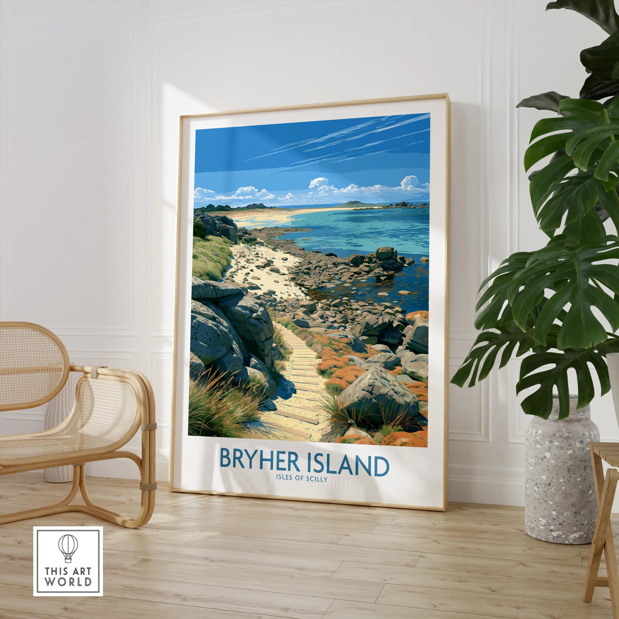 Bryher Isles of Scilly Boulder Beach Wall Art — large framed print room setting chair plant
