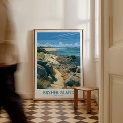 Bryher Isles of Scilly Boulder Beach Wall Art — framed canvas on floor man walking past