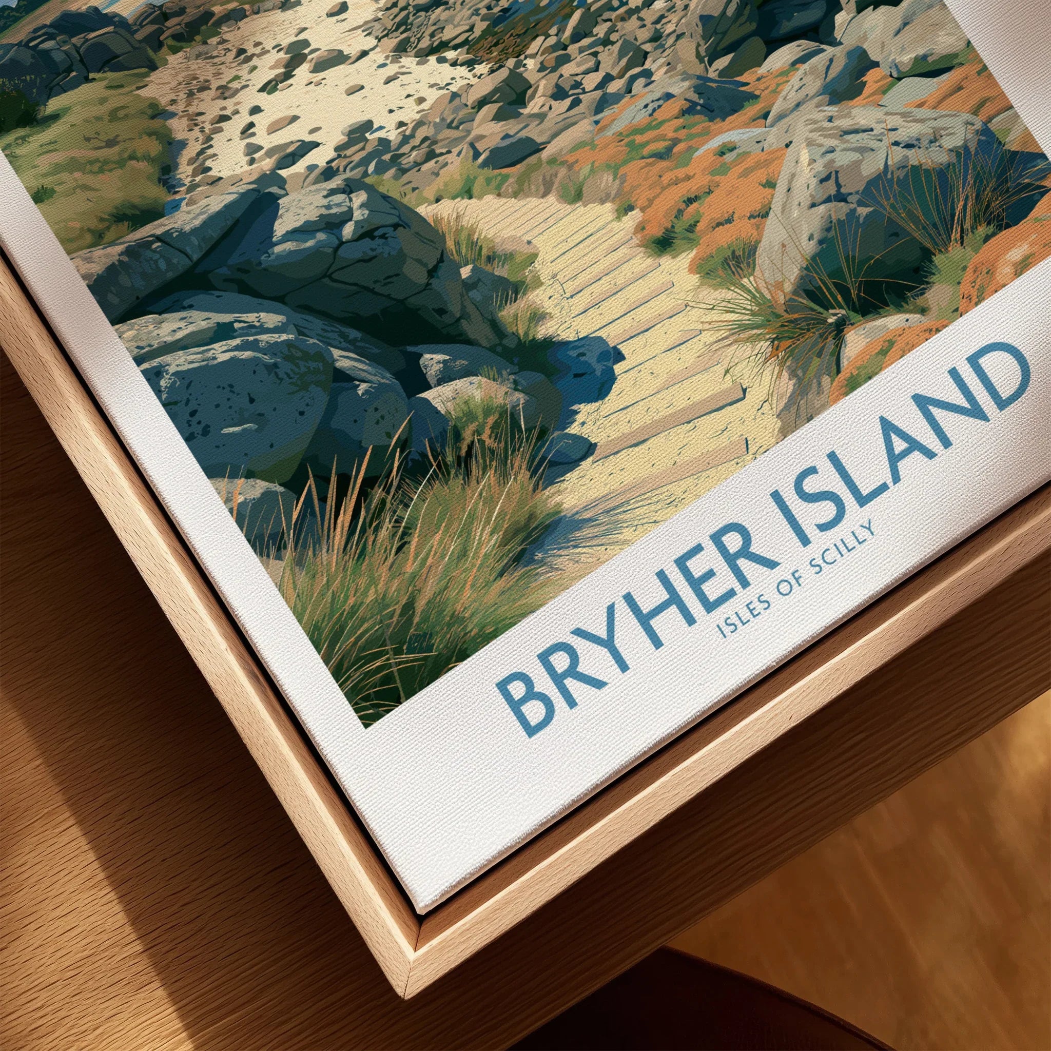 Bryher Isles of Scilly Boulder Beach Wall Art — closeup framed canvas natural wood floating frame