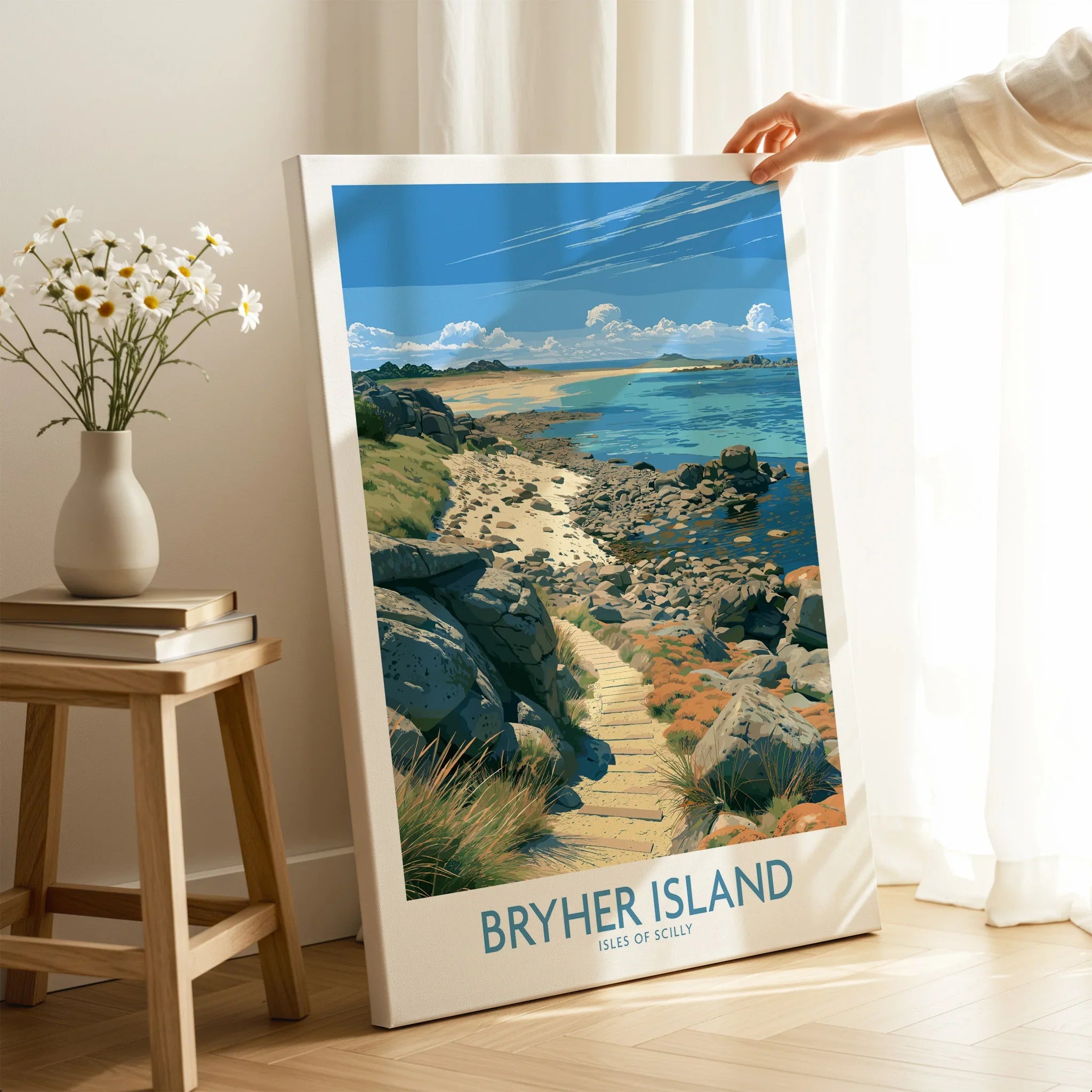Bryher Isles of Scilly Boulder Beach Wall Art — canvas print mirror edge hand holding room setting