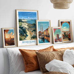 Bryher Isles of Scilly Boulder Beach Wall Art — set five framed artprints above bed natural wood frames