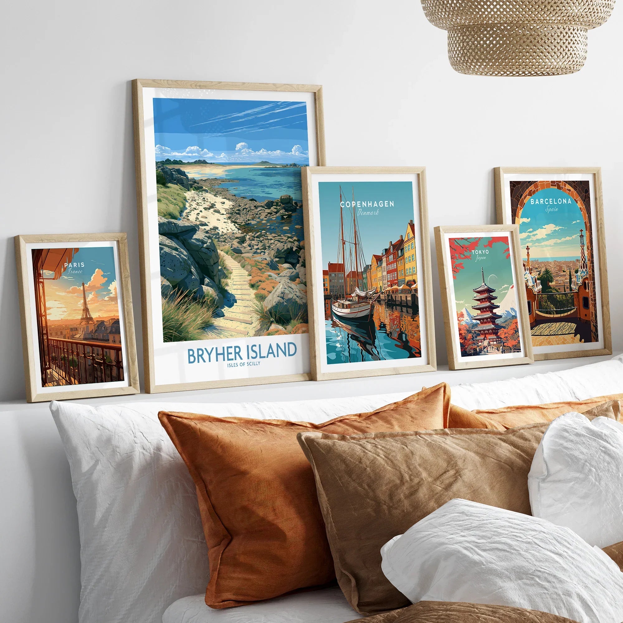 Bryher Isles of Scilly Boulder Beach Wall Art — set five framed artprints above bed natural wood frames