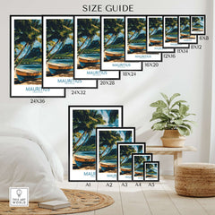 Buy Island Wall Art - Mauritius Travel Poster, Tropical Boat Scene Print, size guide for various print options.