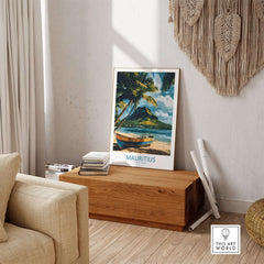 Buy Island Wall Art - Mauritius Travel Poster, Tropical Boat Scene Print displayed in a stylish home setting.