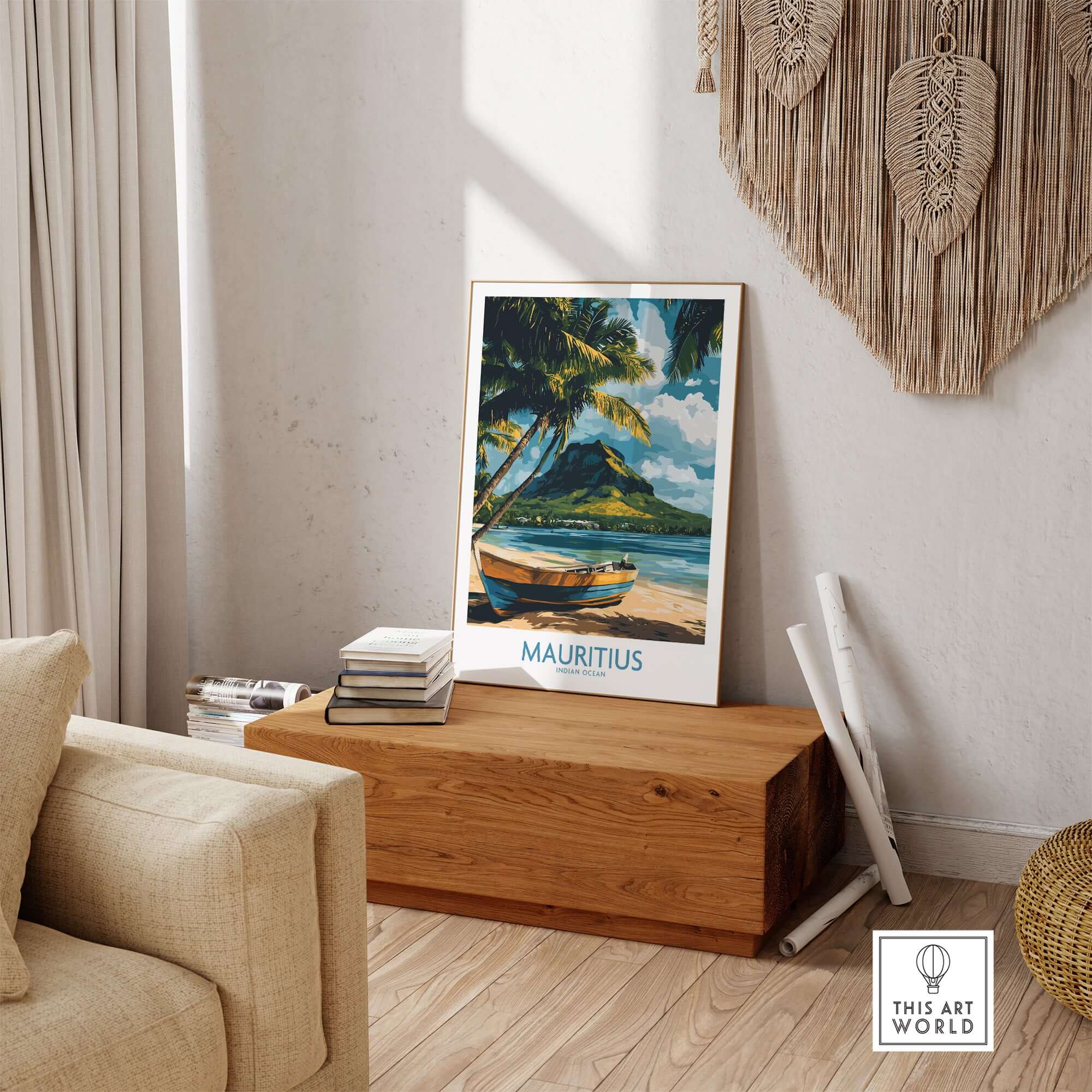 Buy Island Wall Art - Mauritius Travel Poster, Tropical Boat Scene Print displayed in a stylish home setting.