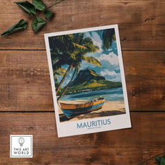 Buy Island Wall Art - Mauritius Travel Poster, Tropical Boat Scene Print on a wooden table.