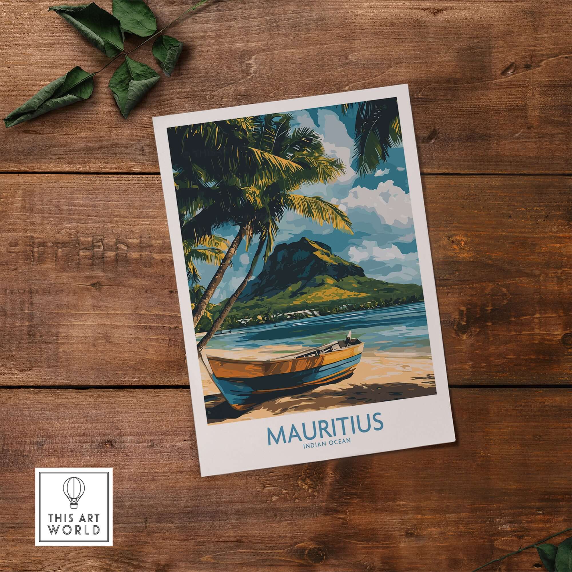 Buy Island Wall Art - Mauritius Travel Poster, Tropical Boat Scene Print on a wooden table.