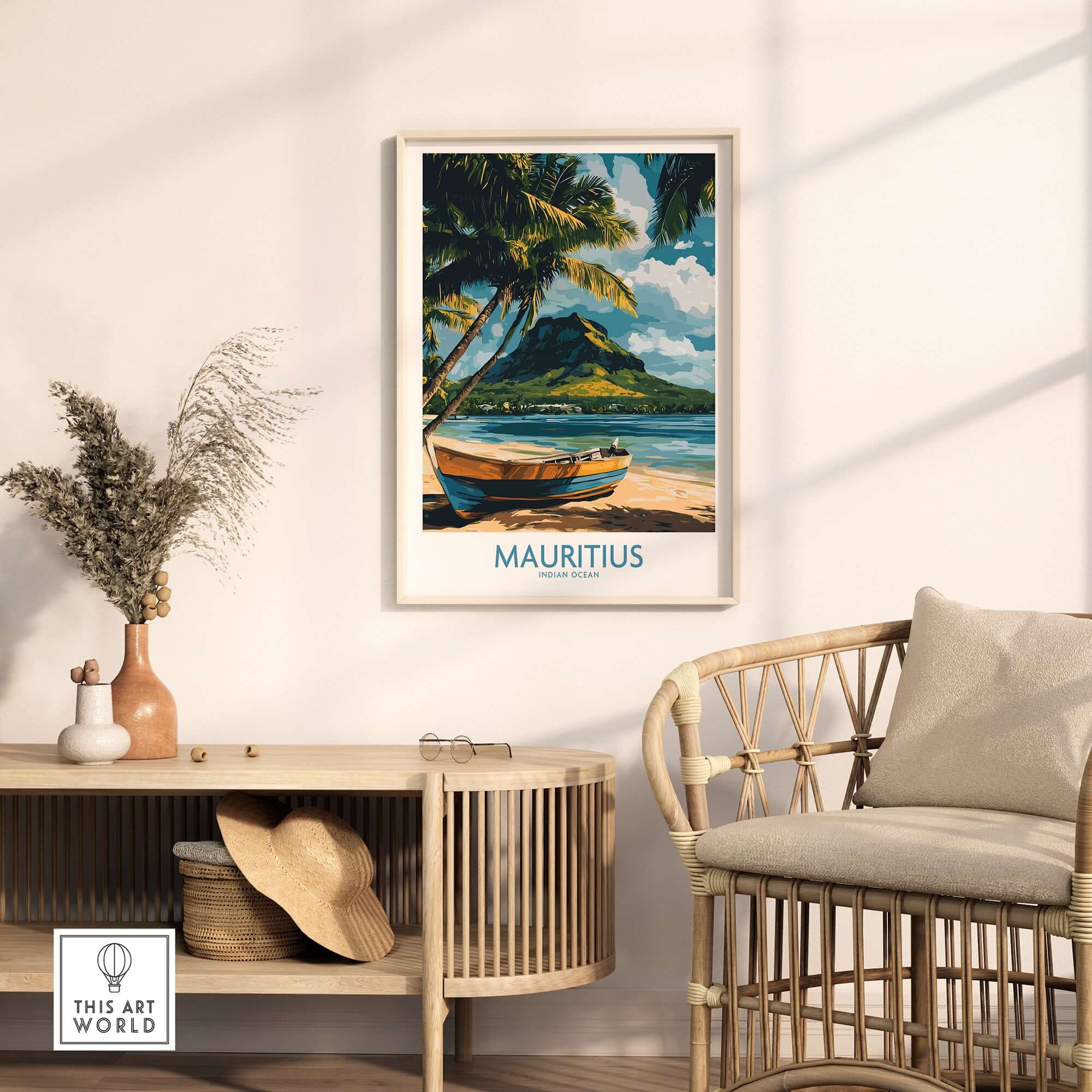 Buy Island Wall Art - Mauritius Travel Poster, Tropical Boat Scene Print in a stylish living room setting.