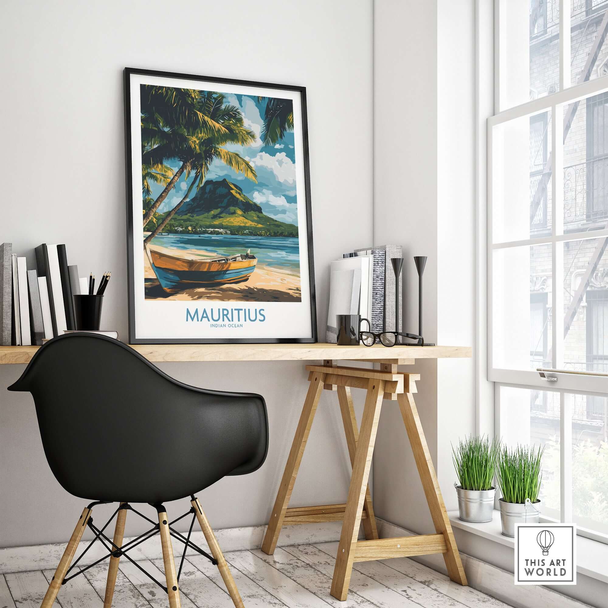 Buy Island Wall Art - Mauritius Travel Poster, Tropical Boat Scene Print in a stylish office setting.