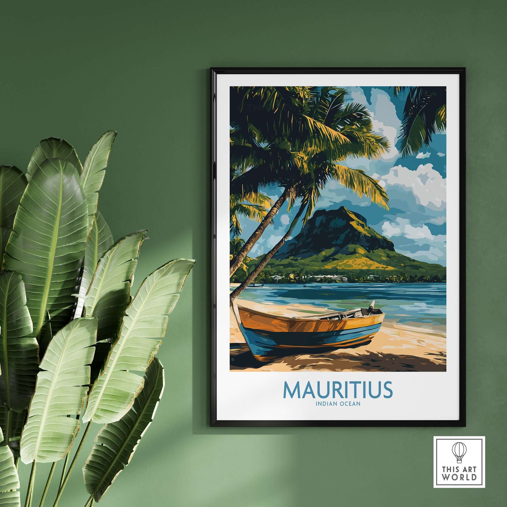 Buy Island Wall Art - Mauritius Travel Poster, Tropical Boat Scene Print featuring a boat by the beach in Mauritius.