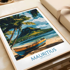Buy Island Wall Art - Mauritius Travel Poster, Tropical Boat Scene Print featuring a vibrant ocean view and palm trees.