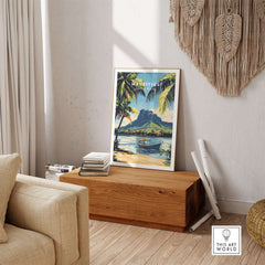 Buy Mauritius Travel Art - Island Getaway Poster Print displayed in a cozy living room setting.