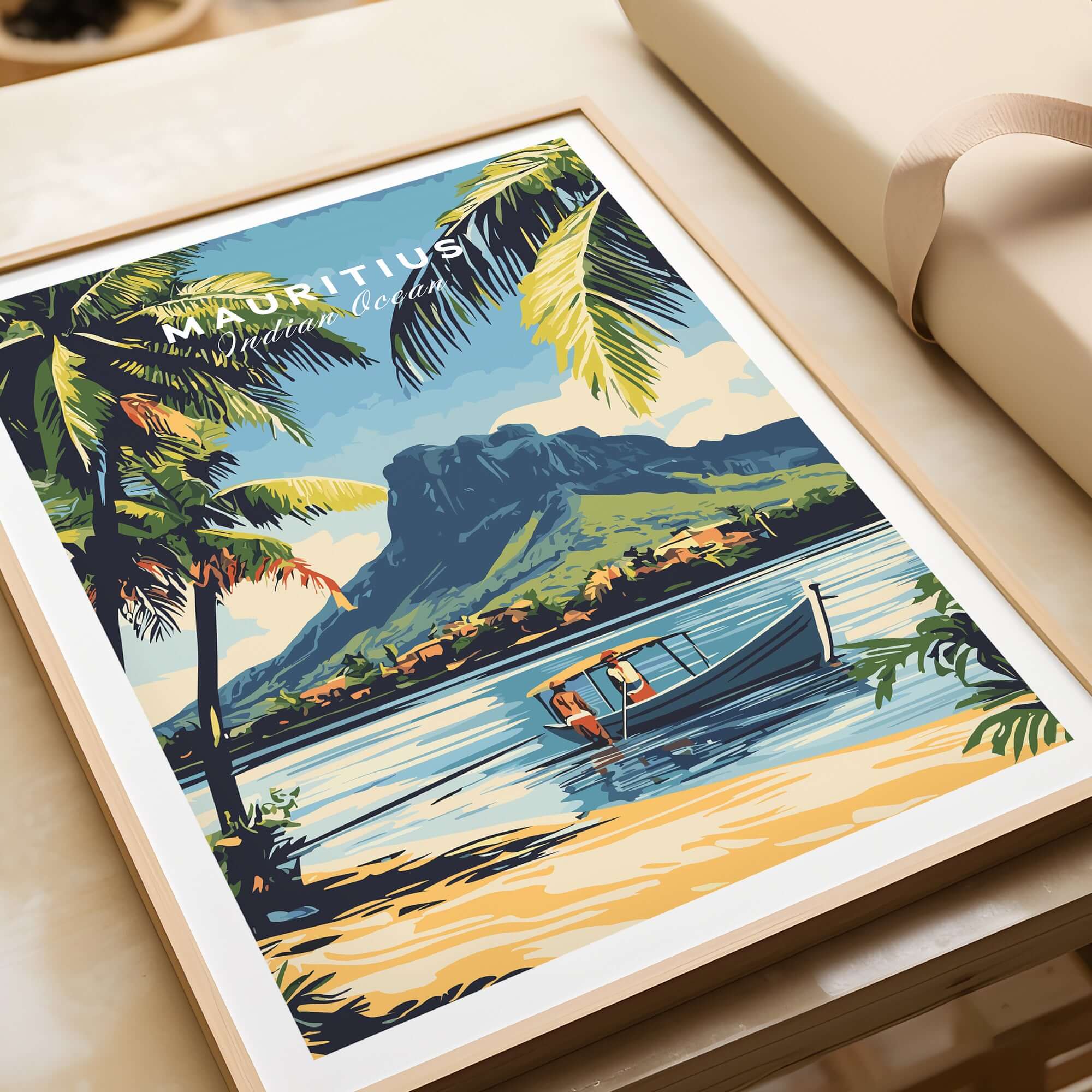 Buy Mauritius Travel Art - Island Getaway Poster Print featuring a scenic boat ride and vibrant tropical landscape.