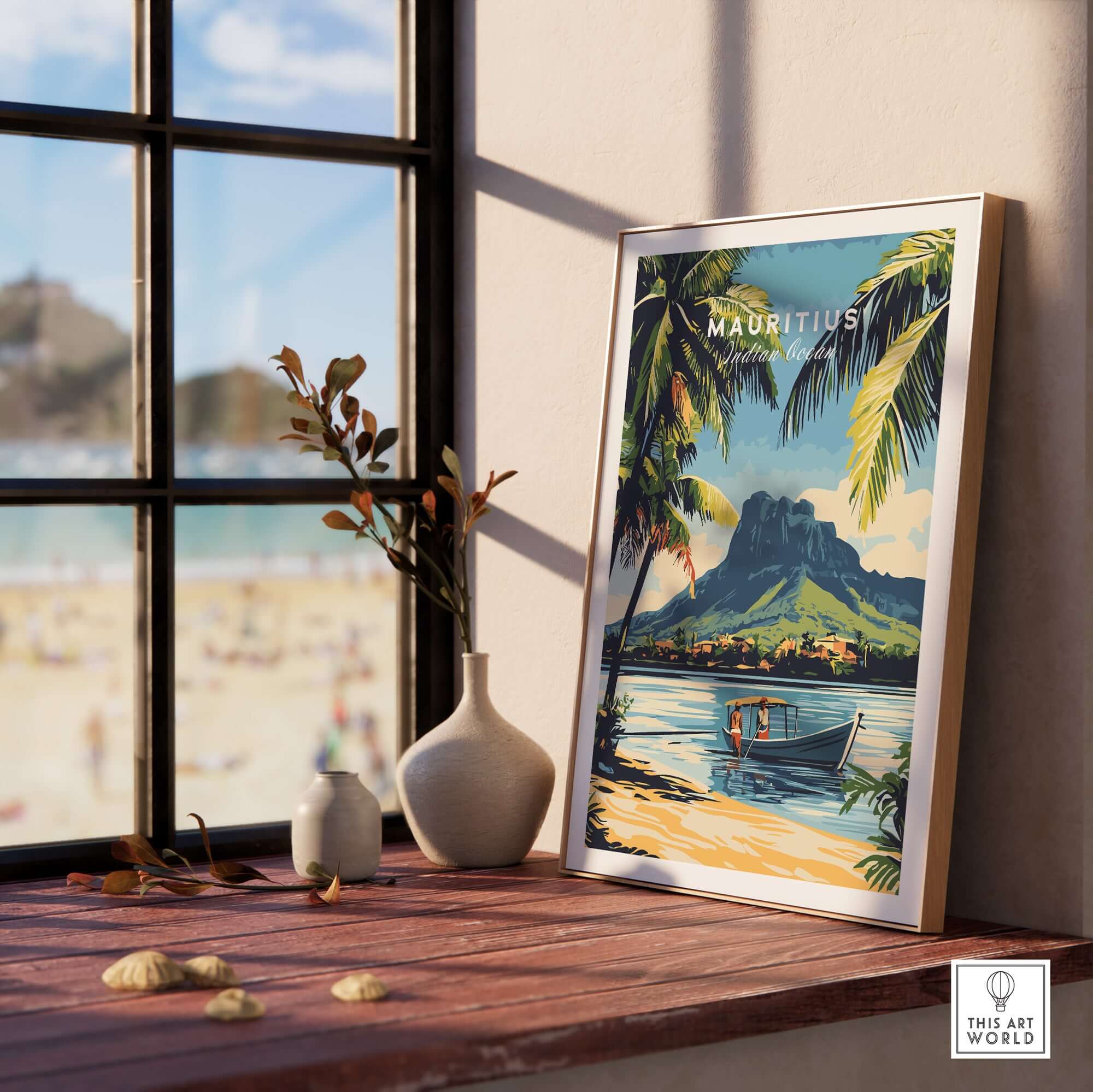 Buy Mauritius Travel Art - Island Getaway Poster Print displayed in a bright room with clear waters and vibrant scenery.