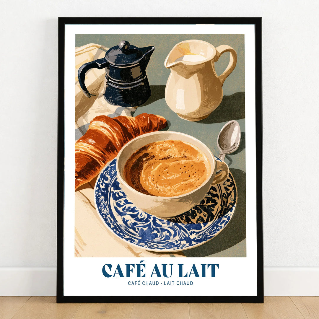 French Cafe au Lait Coffee Poster - art print in black frame on wooden floor