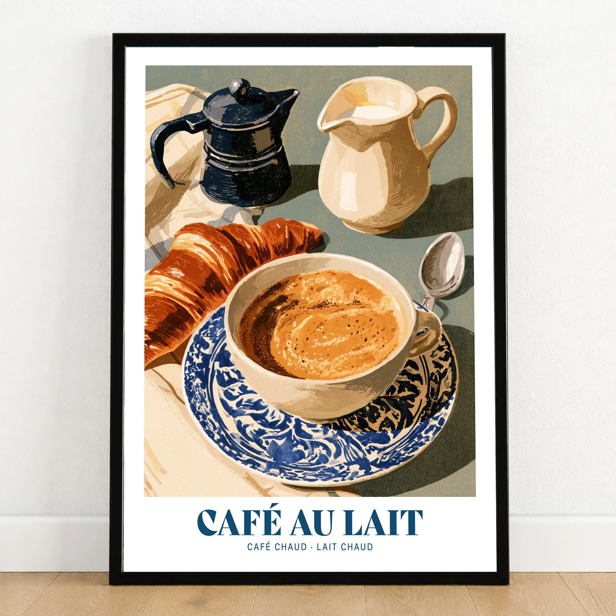 French Cafe au Lait Coffee Poster - art print in black frame on wooden floor