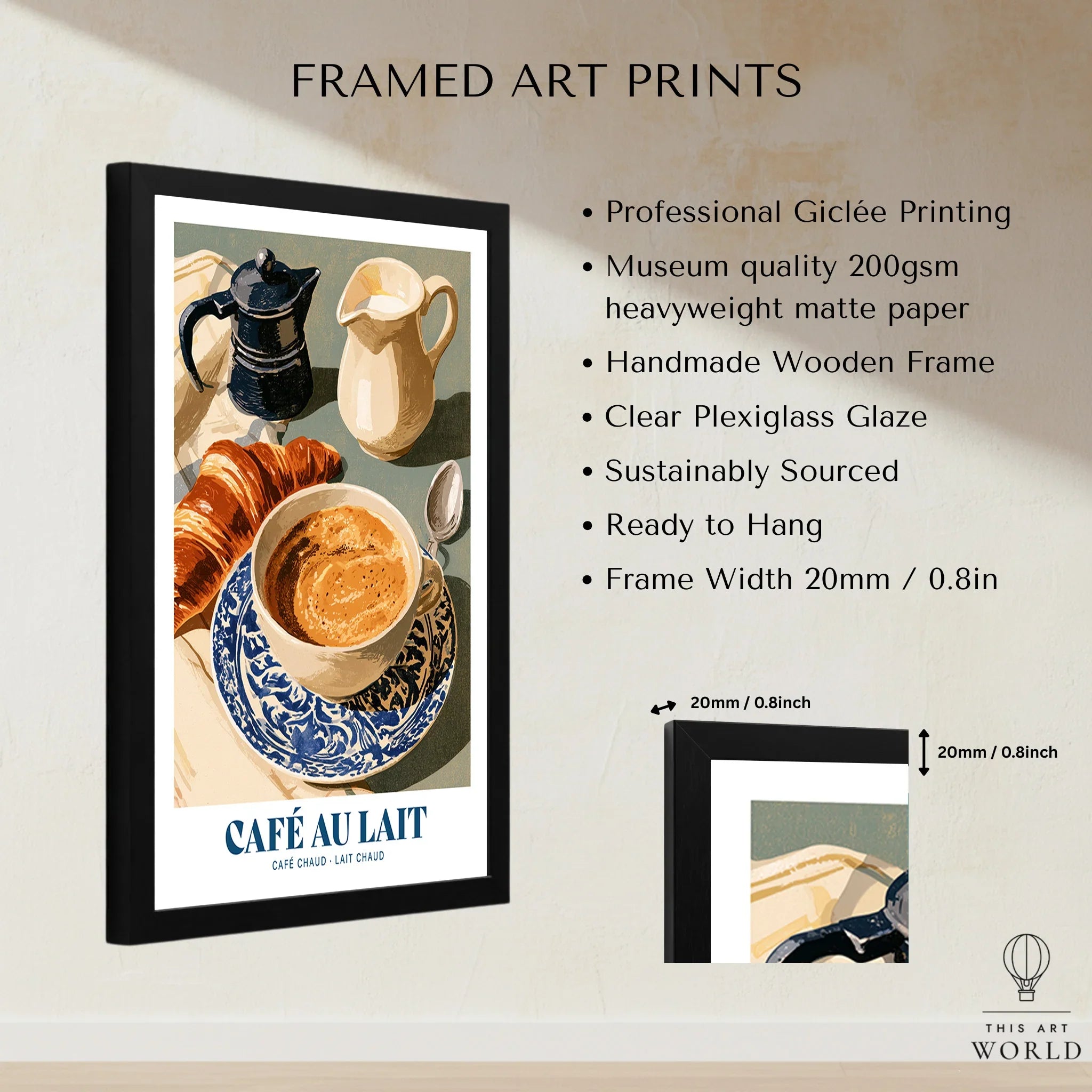 French Cafe au Lait Coffee Poster - framed print details measurements quality details