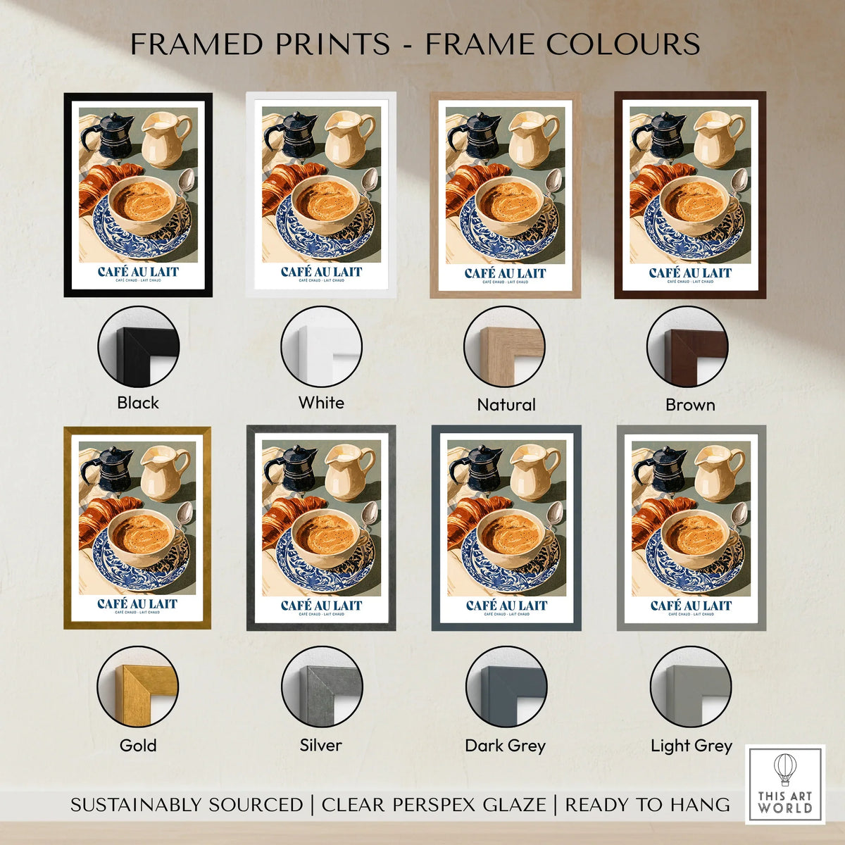 French Cafe au Lait Coffee Poster - framed print colour options