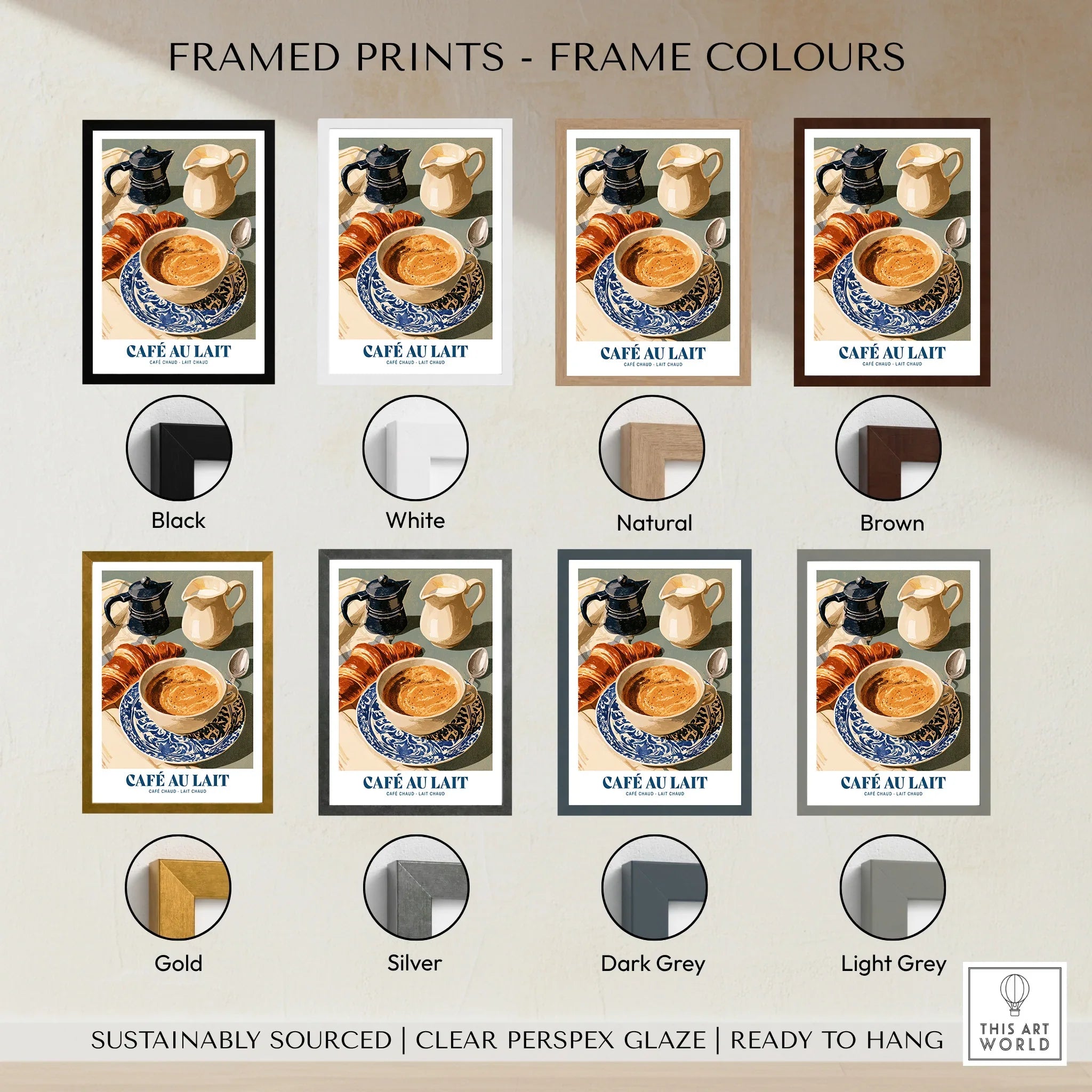 French Cafe au Lait Coffee Poster - framed print colour options