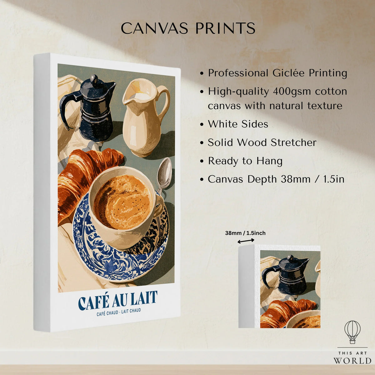 French Cafe au Lait Coffee Poster - canvas print stretched cotton canvas details