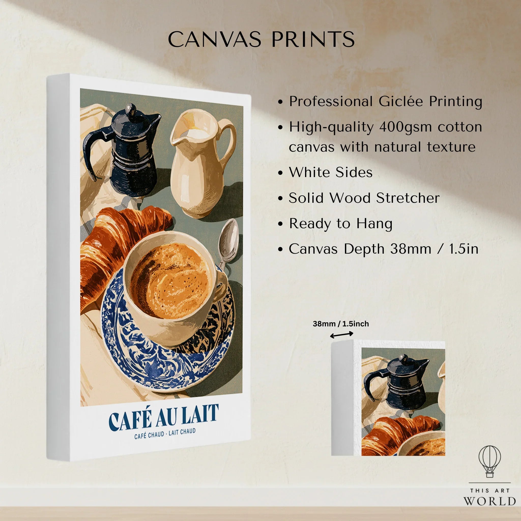 French Cafe au Lait Coffee Poster - canvas print stretched cotton canvas details
