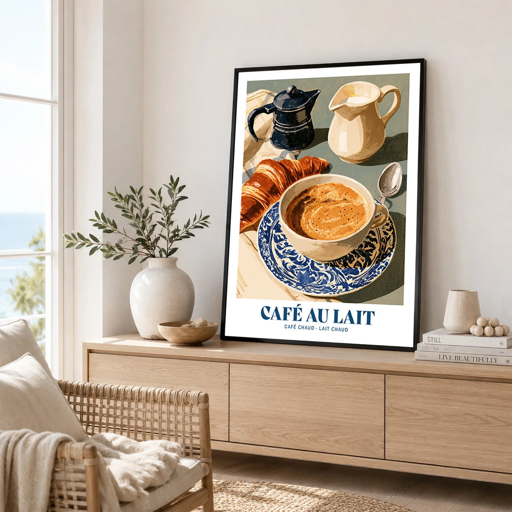 French Cafe au Lait Coffee Poster - framed artwork living room lifestyle setting