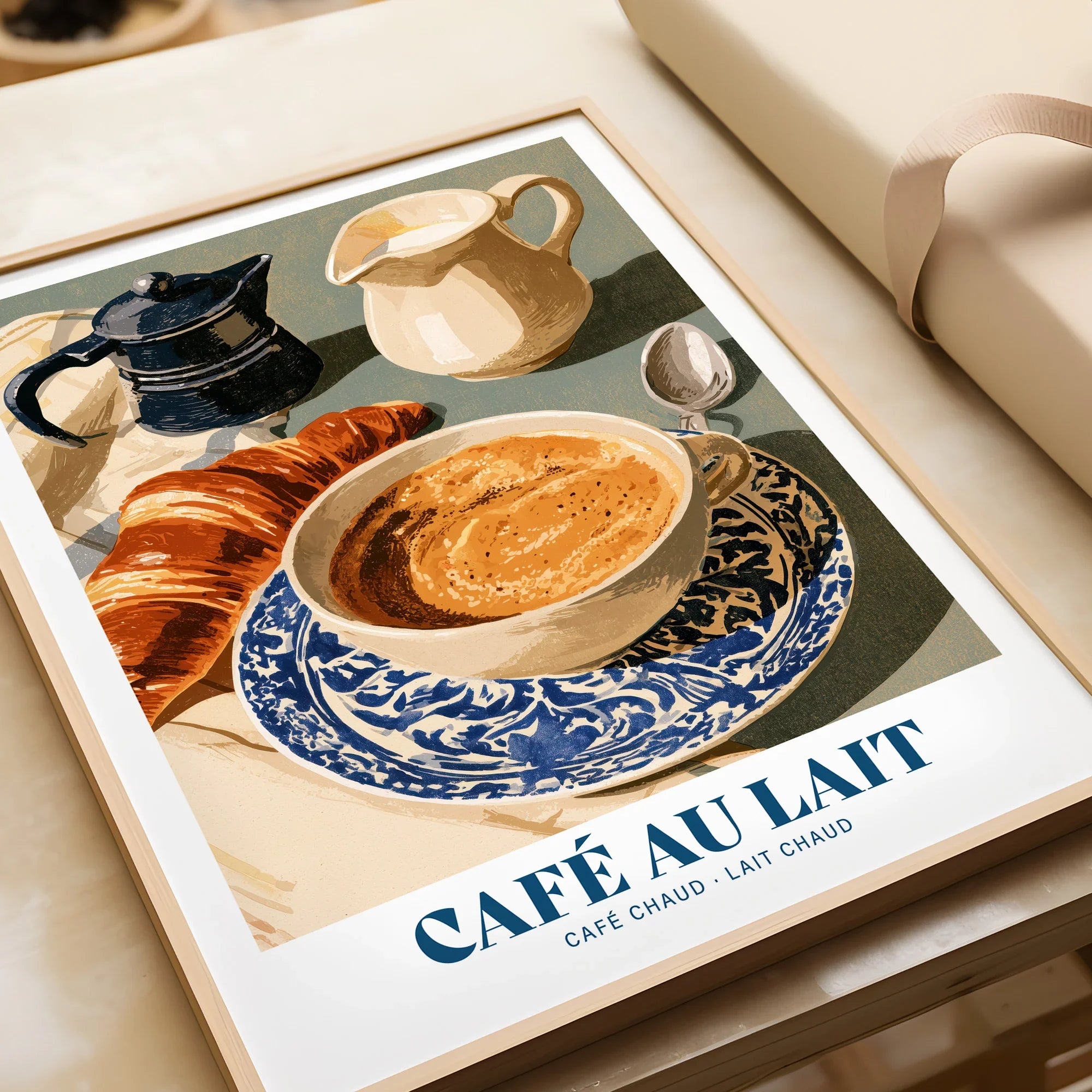 French Cafe au Lait Coffee Poster - framed art print closeup gift unwrapped natural frame