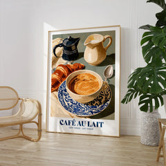 French Cafe au Lait Coffee Poster - large framed print room setting chair plant