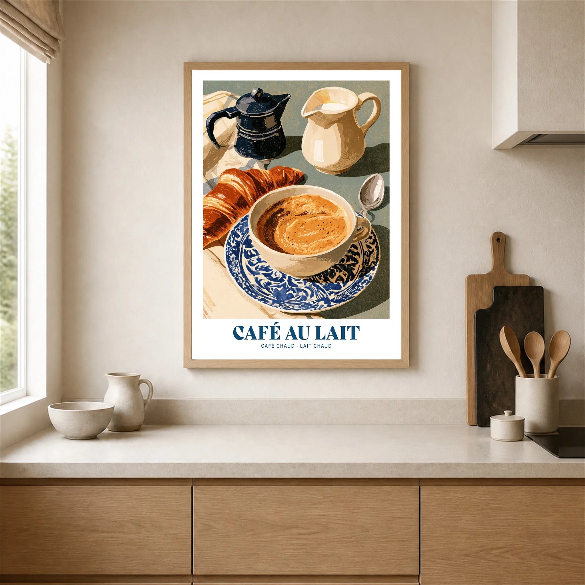 French Cafe au Lait Coffee Poster - neutral kitchen single frame mockup This Art World