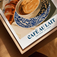 French Cafe au Lait Coffee Poster - closeup framed canvas natural wood floating frame
