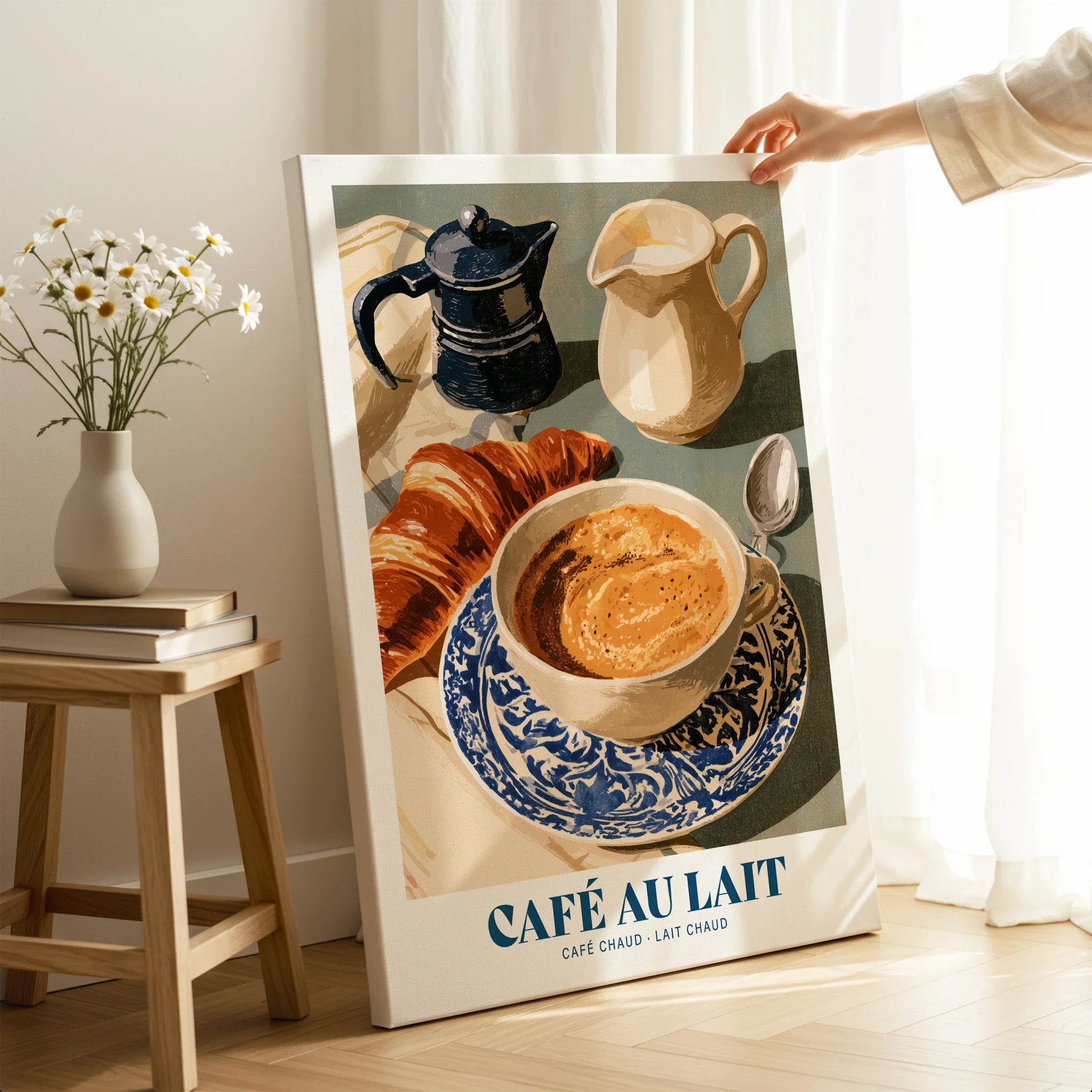 French Cafe au Lait Coffee Poster - canvas print mirror edge hand holding room setting