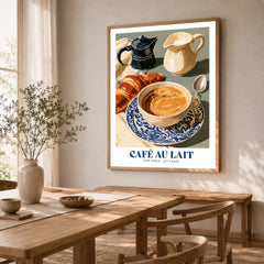 French Cafe au Lait Coffee Poster - dining room framed print natural wood frame mockup ThisArtWorld