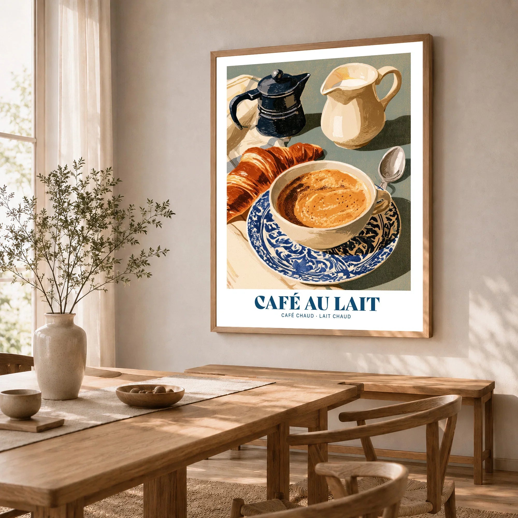 French Cafe au Lait Coffee Poster - dining room framed print natural wood frame mockup ThisArtWorld