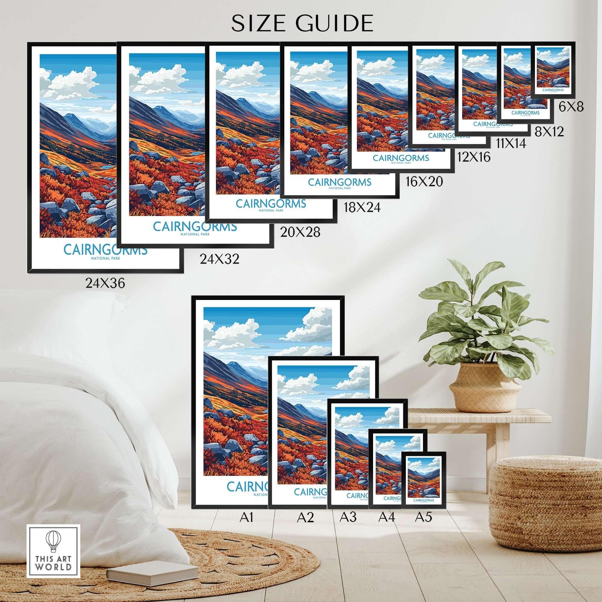 Cairngorms Art Print size guide showcasing various print dimensions in a stylish home setting.